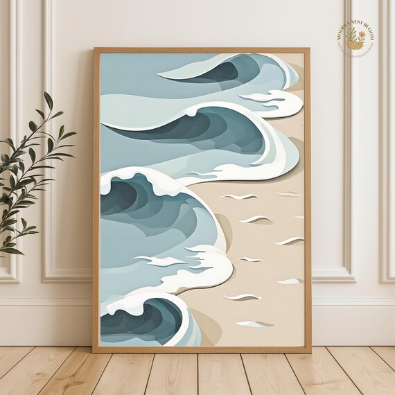 Abstract Ocean Wave Poster Curling Surf Waves Top-Down Beach Blue White