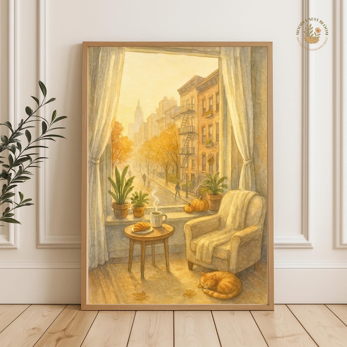 Autumn Window View Cozy Orange Cat Coffee Croissant Art Poster