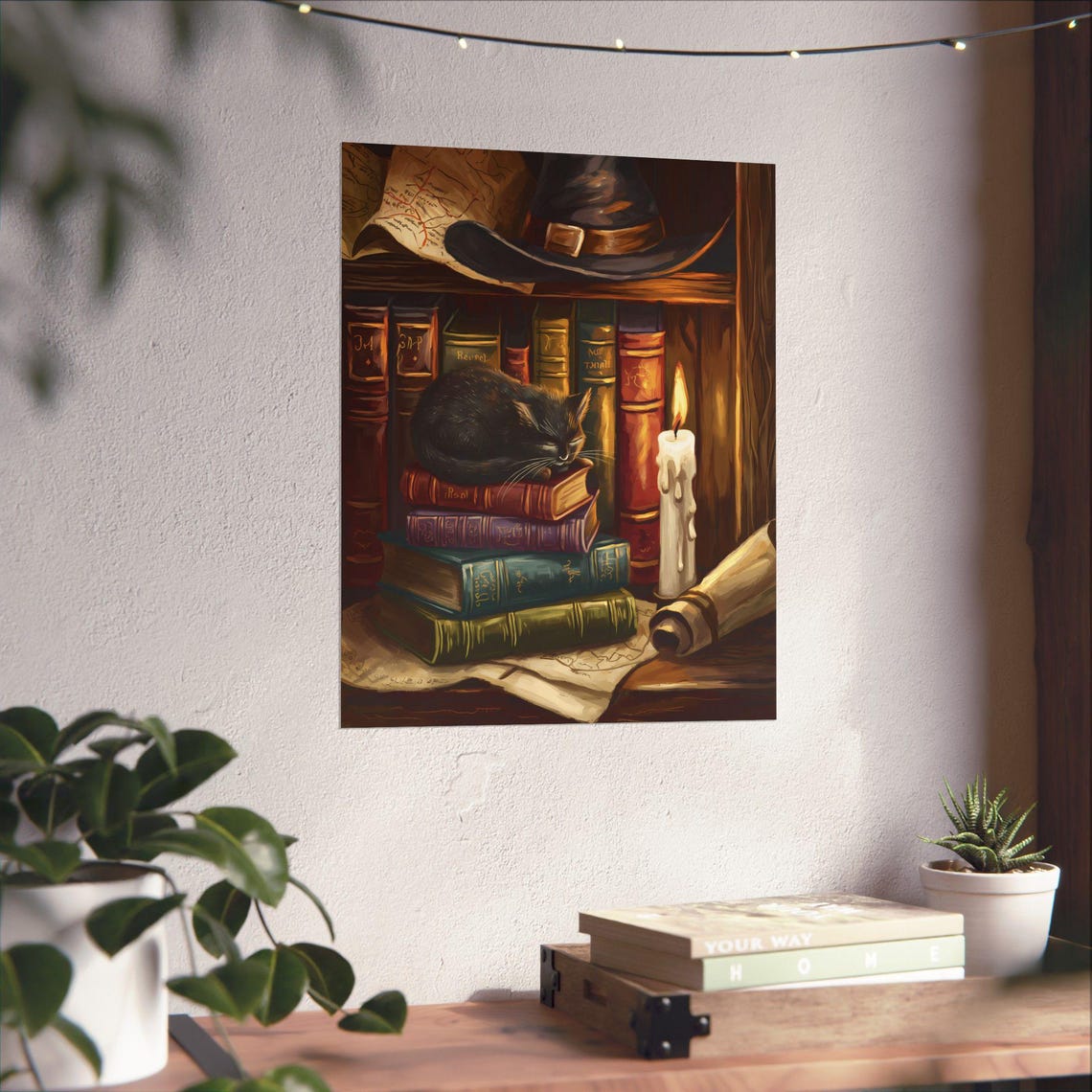 Black Cat Sleeping On Books Witchy Candlelight Library Art Poster