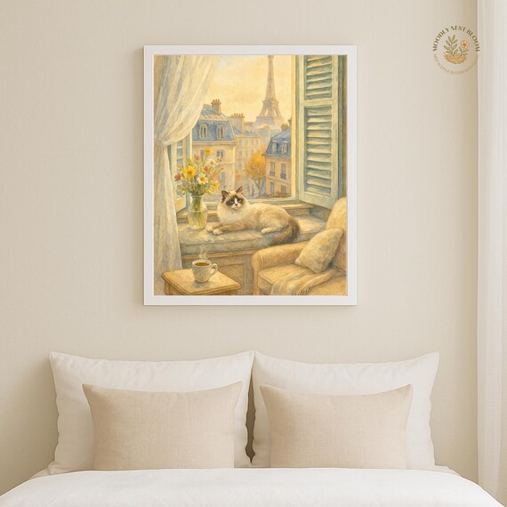 Cat on Paris Windowsill Eiffel Tower View Watercolor Autumn Wall Art