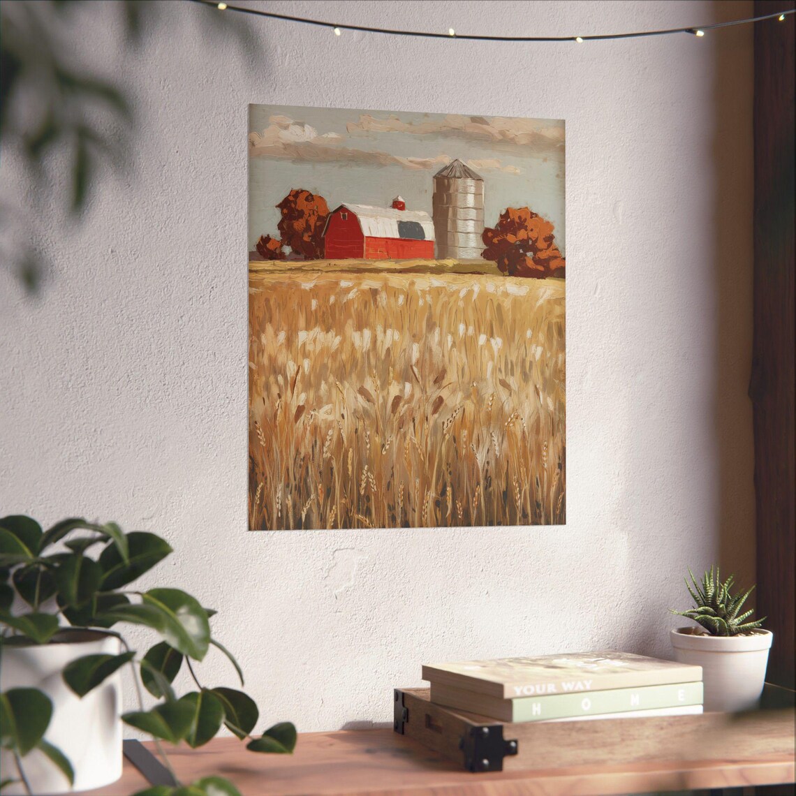 Red Barn Golden Wheat Field Harvest Farmhouse Landscape Poster