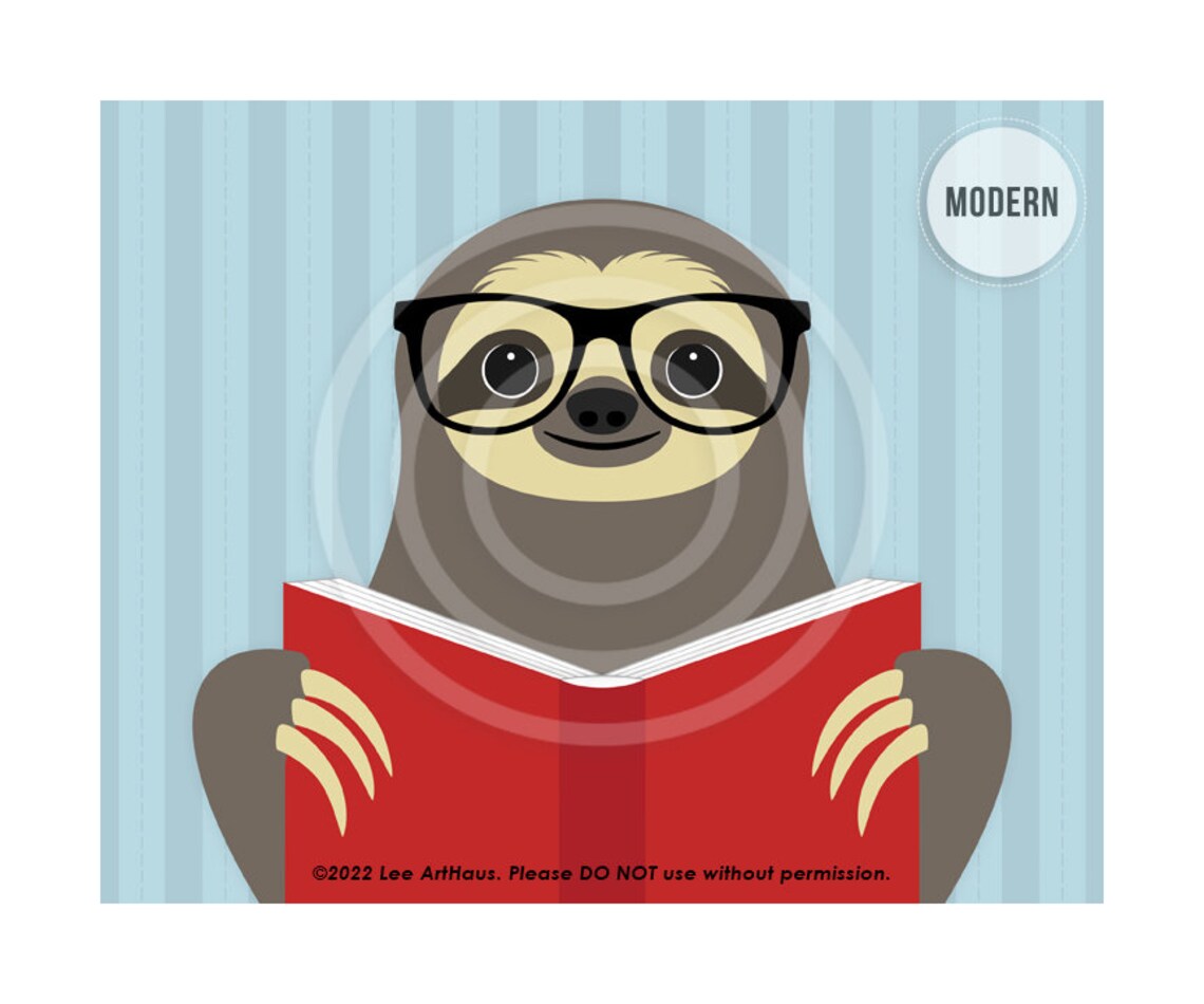 Cute Sloth Glasses Reading Red Book Turquoise Book Lover Library Poster - Image 2