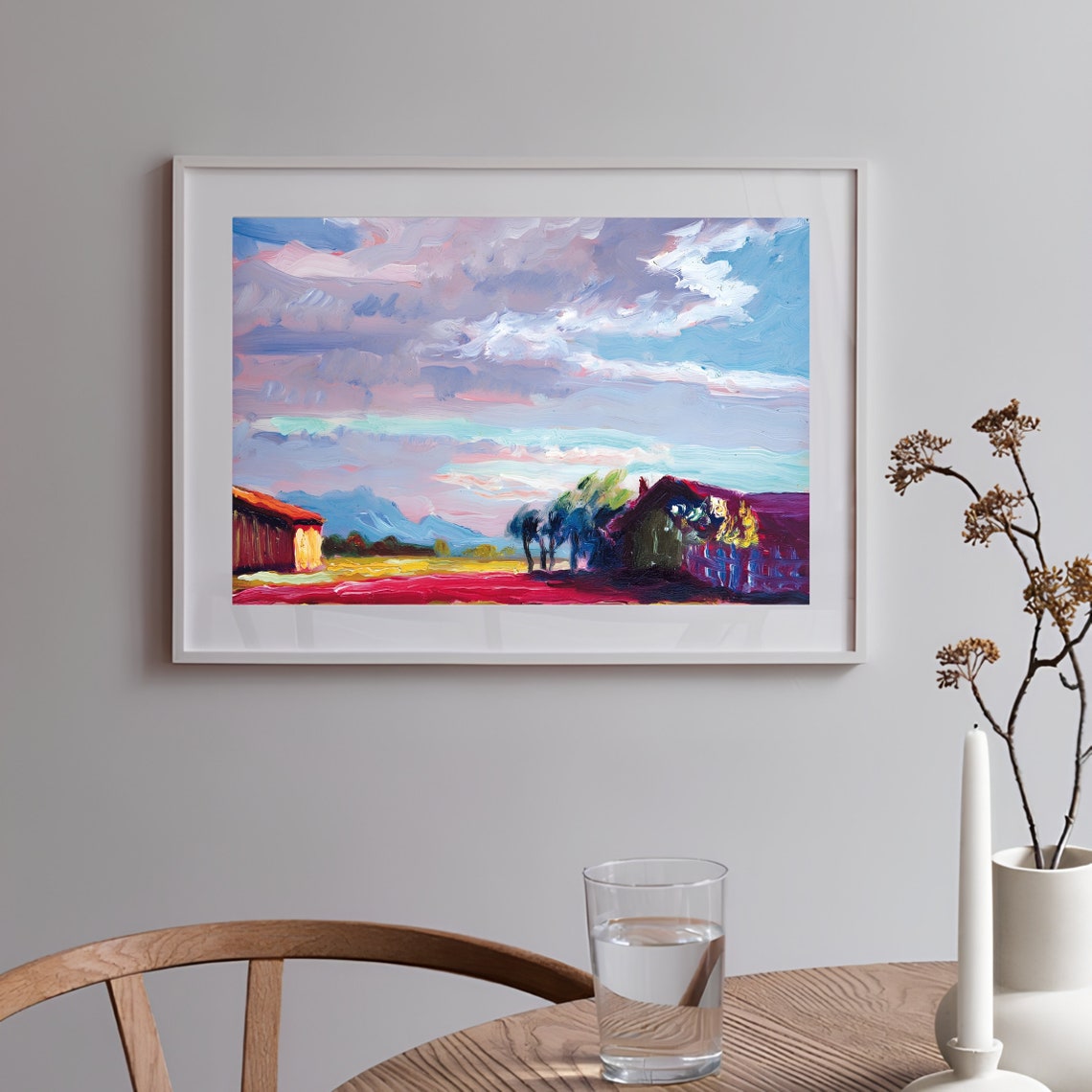 Vintage Impressionist Farmhouse at Sunset Countryside Poster - Image 3