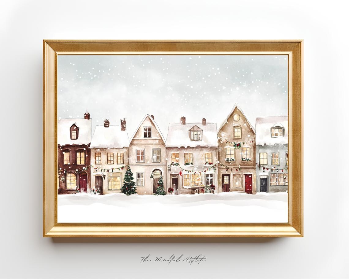 Snowy Christmas Village Street Watercolor Holiday Art Poster