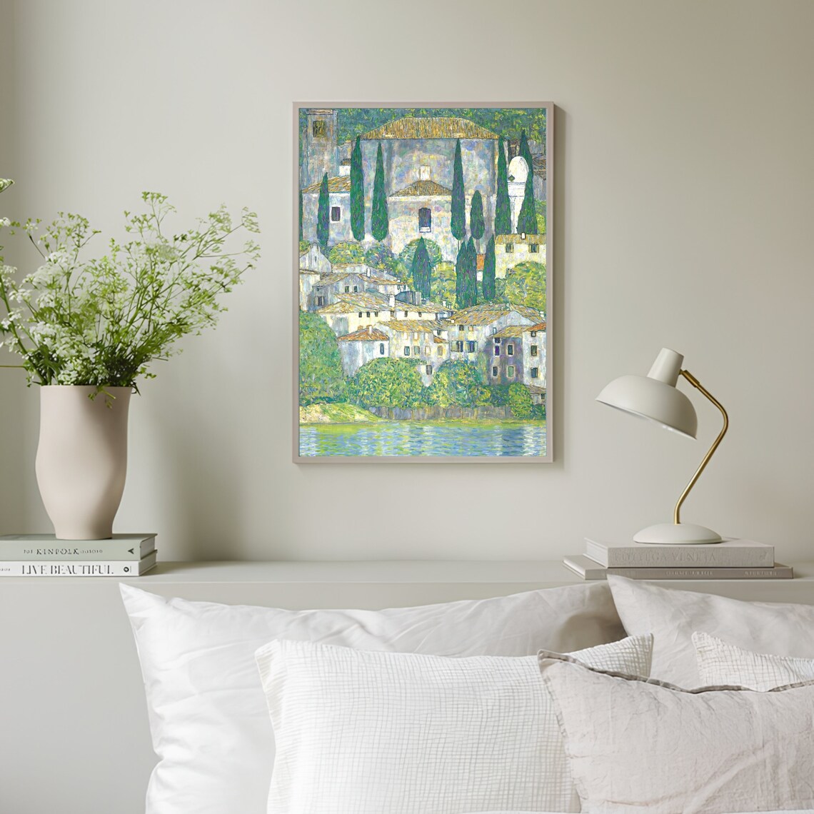 Italian Lakeside Village With Church Vintage Landscape Art Poster - Image 3