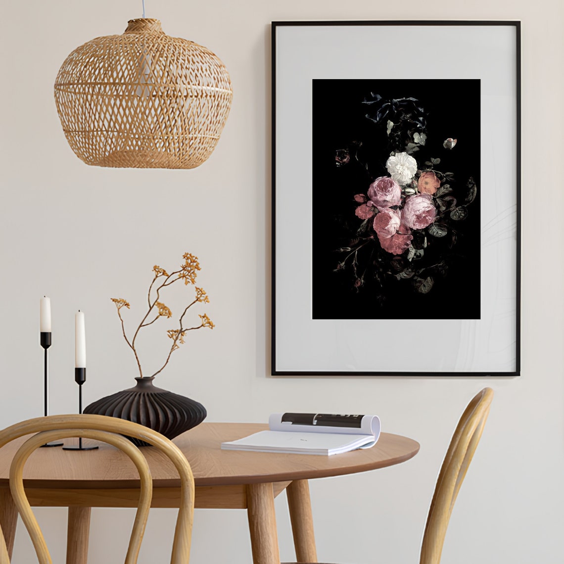 Moody Pink Peonies and White Roses Black Background Floral Art Print - Image 3