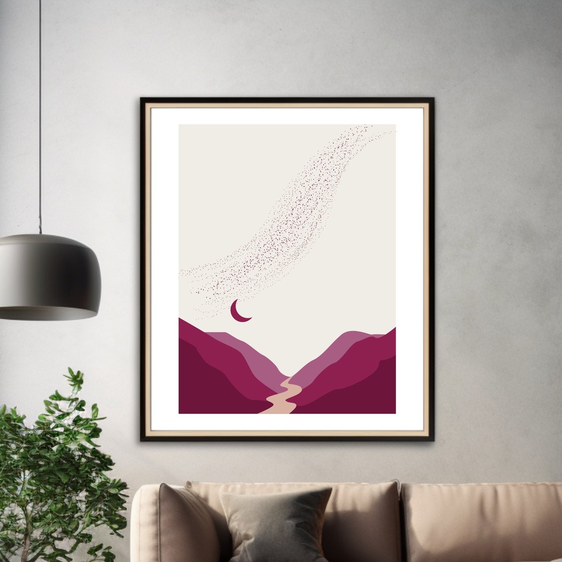 Magenta Mountain Moon Minimalist Abstract Landscape Art Poster - Image 3