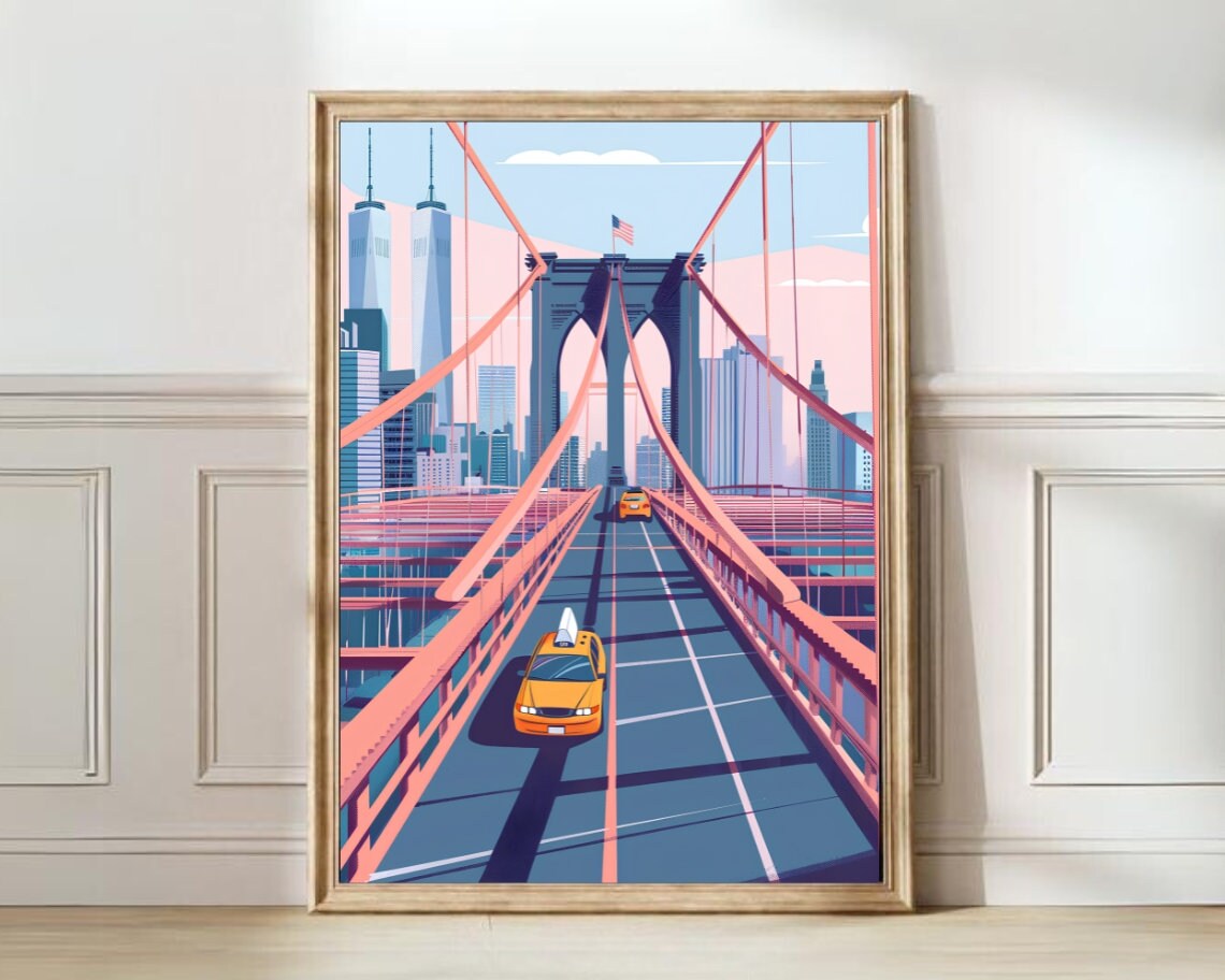 New York Brooklyn Bridge Pastel Travel Poster