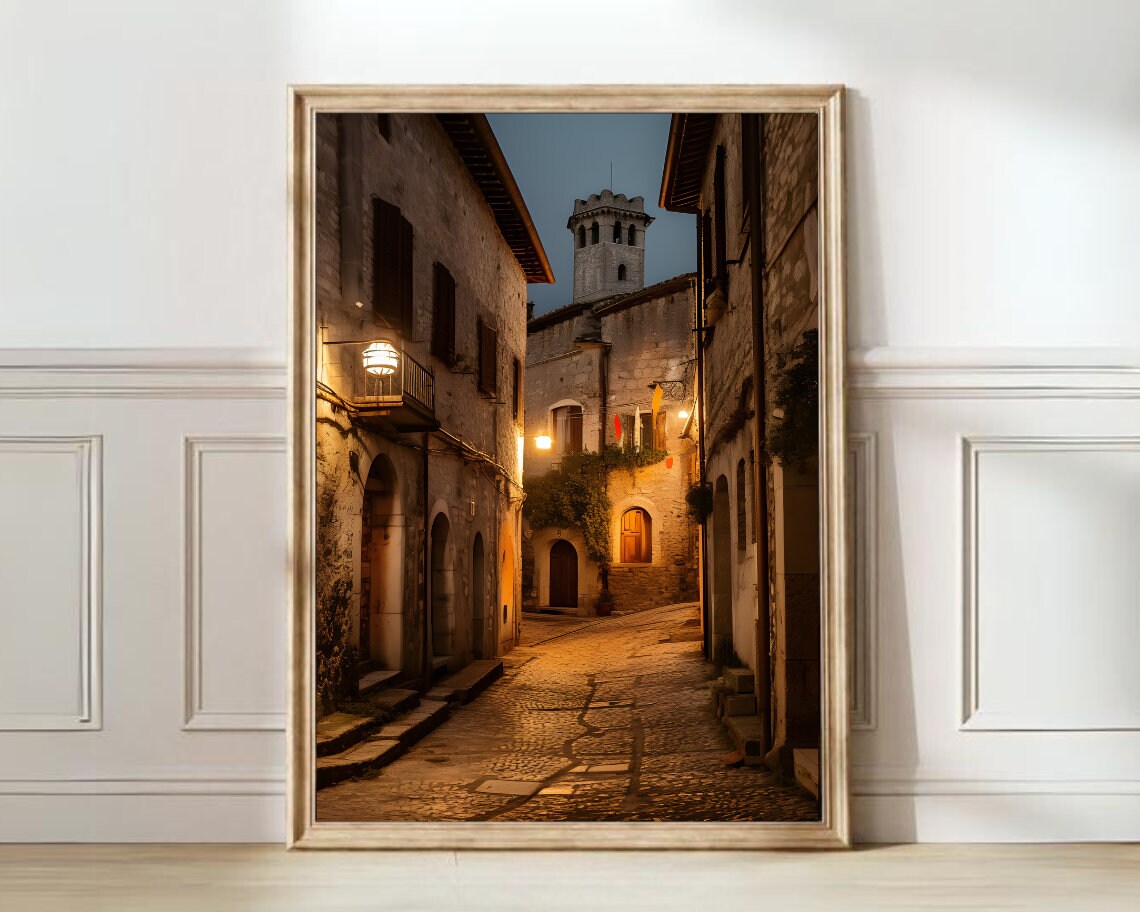 Siena Italy Cobblestone Street At Night With Warm Lamps Poster