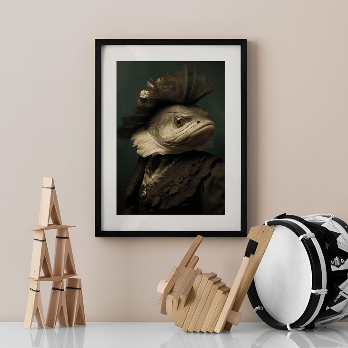 Victorian Fish Lady Portrait In Vintage Gown Dark Academia Poster - Image 3