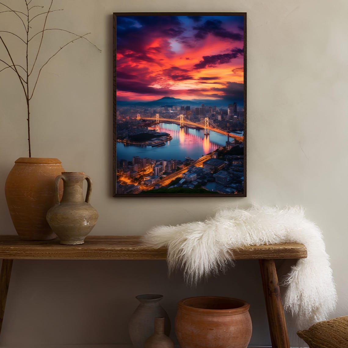 Osaka Japan Illuminated Harbor Bridge Sunset Skyline Travel Art Poster - Image 3