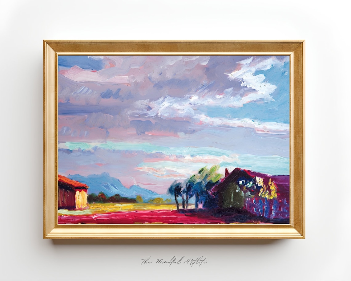 Vintage Impressionist Farmhouse at Sunset Countryside Poster