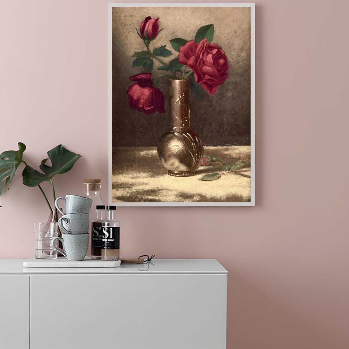 Moody Deep Red Roses in Antique Brass Vase Vintage Floral Art Print - Image 3