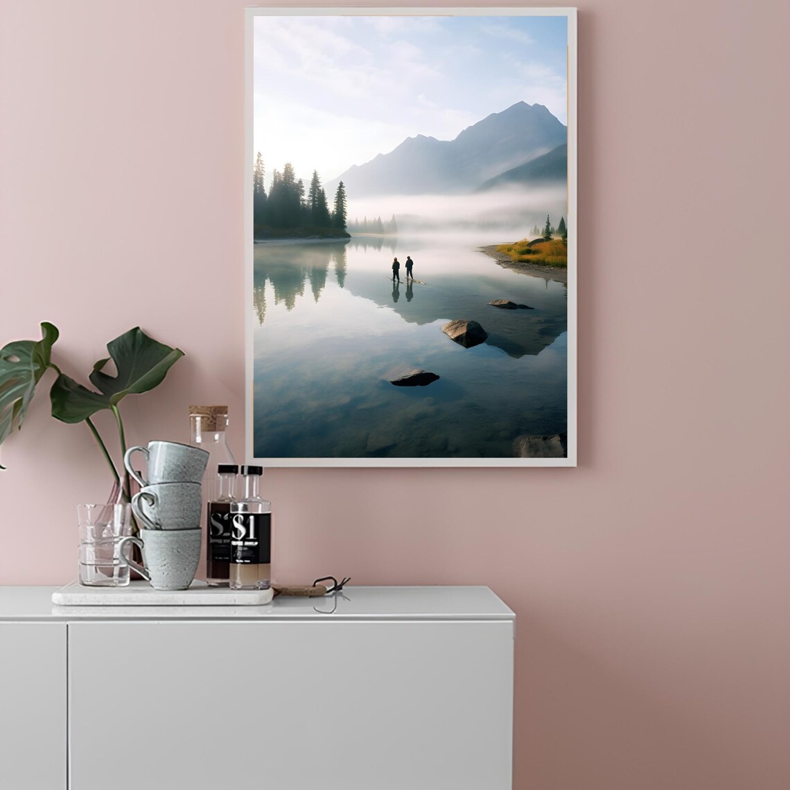 Misty Mountain Lake Fishermen Sunrise Nature Photography Poster - Image 2