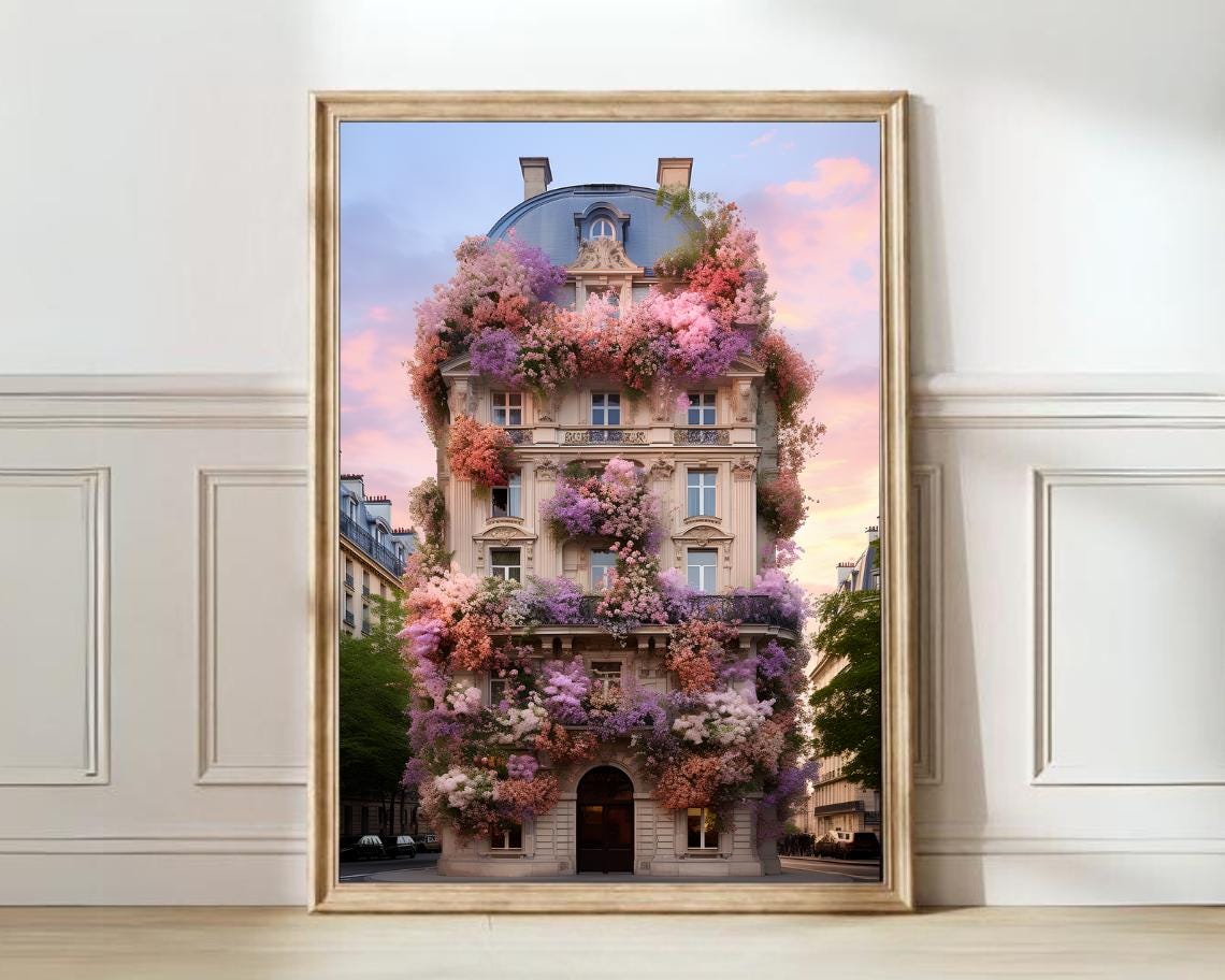 Paris Floral Building Pink Blossom Facade Romantic Spring Art Poster