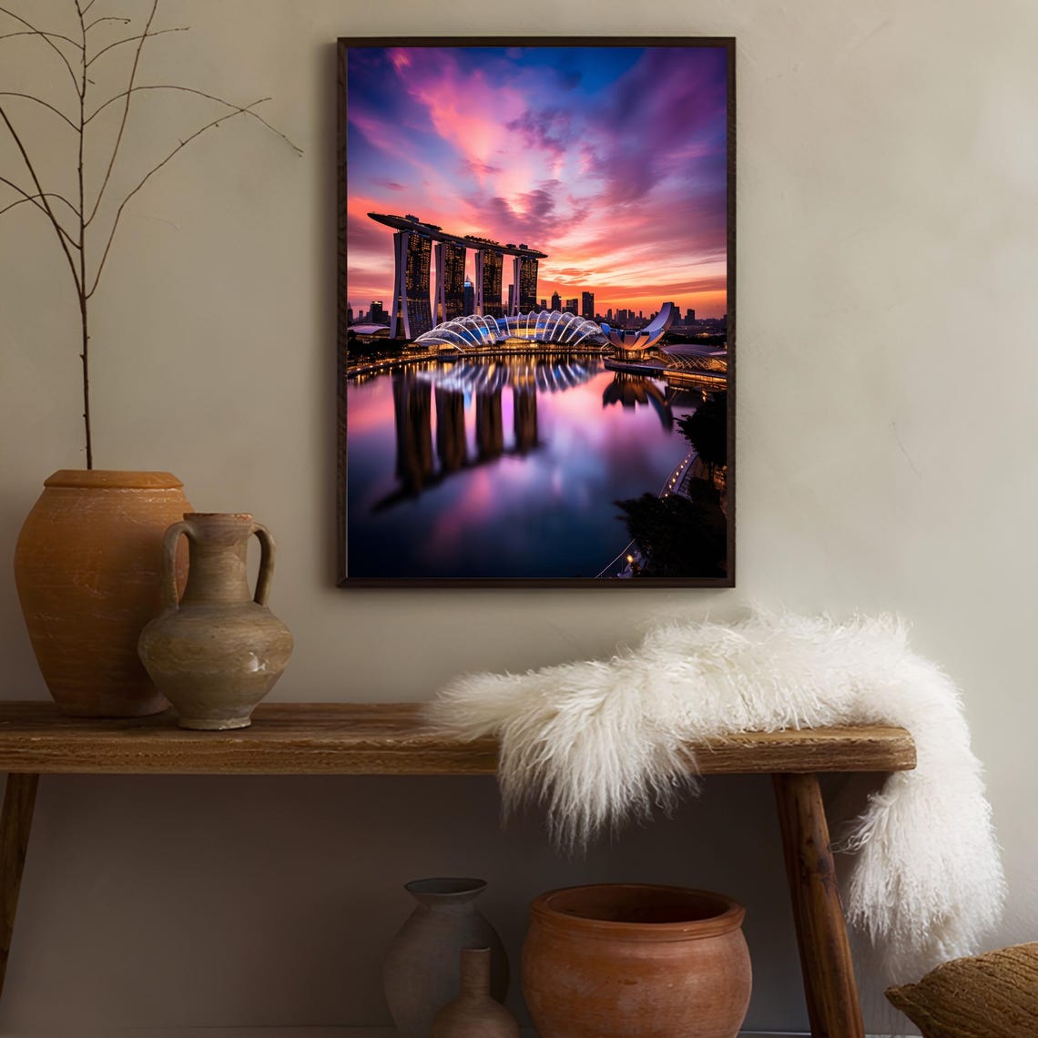 Singapore Marina Bay Sands Sunset Skyline Reflection Travel Art Poster - Image 3