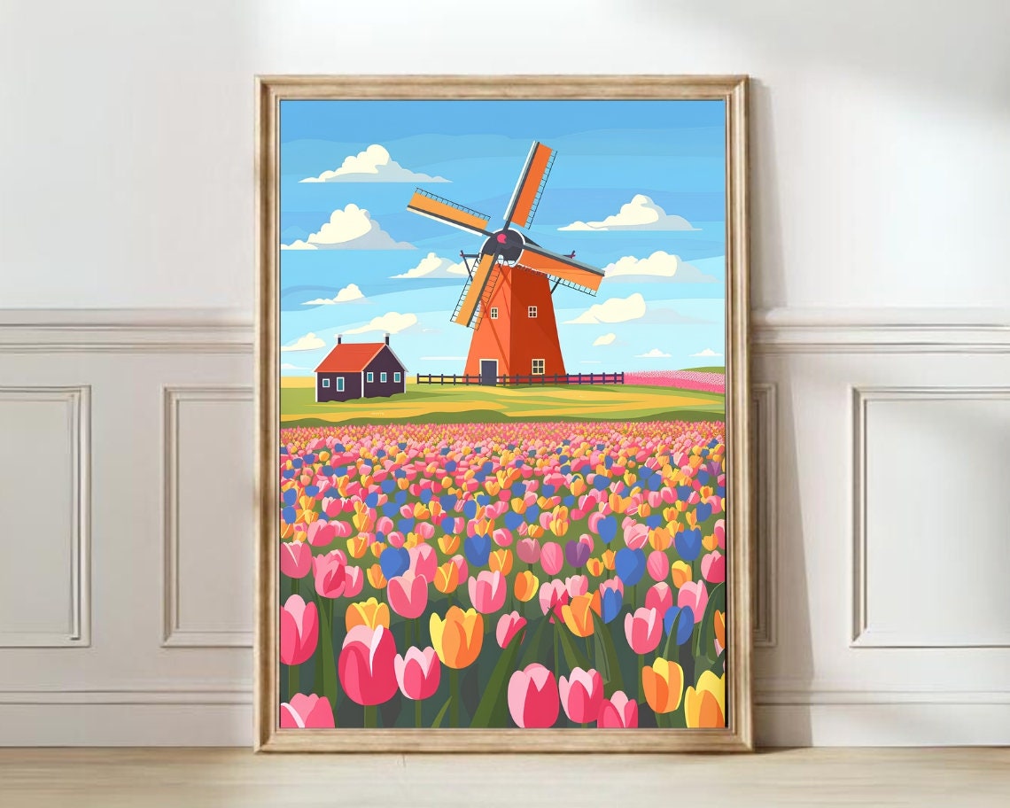 Netherlands Tulip Field with Red Windmill Springtime Scene Poster