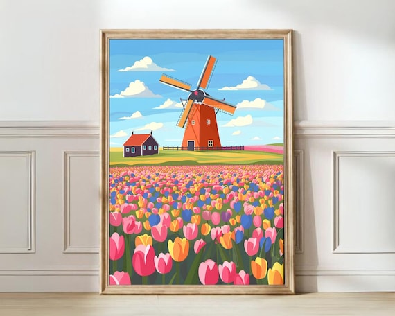 Netherlands Tulip Field with Red Windmill Springtime Scene Poster