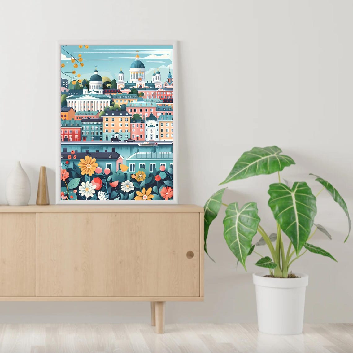 Helsinki Finland Cathedral Skyline with Wildflowers Scene Poster - Image 2