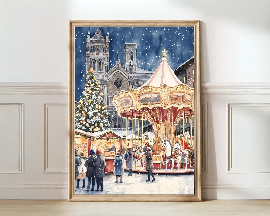 Florence Christmas Market Carousel Santa Croce Snowy Holiday Poster