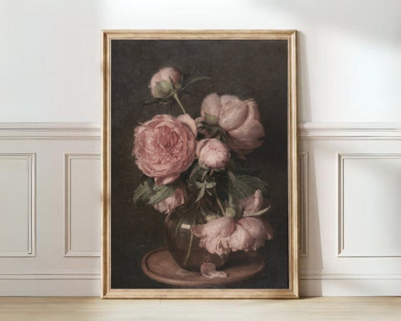 Moody Pink Peonies Painting Vintage Flower Print Dark Floral Print Vintage Roses Print Still Life Farmhouse Decor