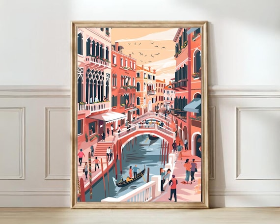Venice Italy Grand Canal Bridge and Gondola Daytime Illustration Poster