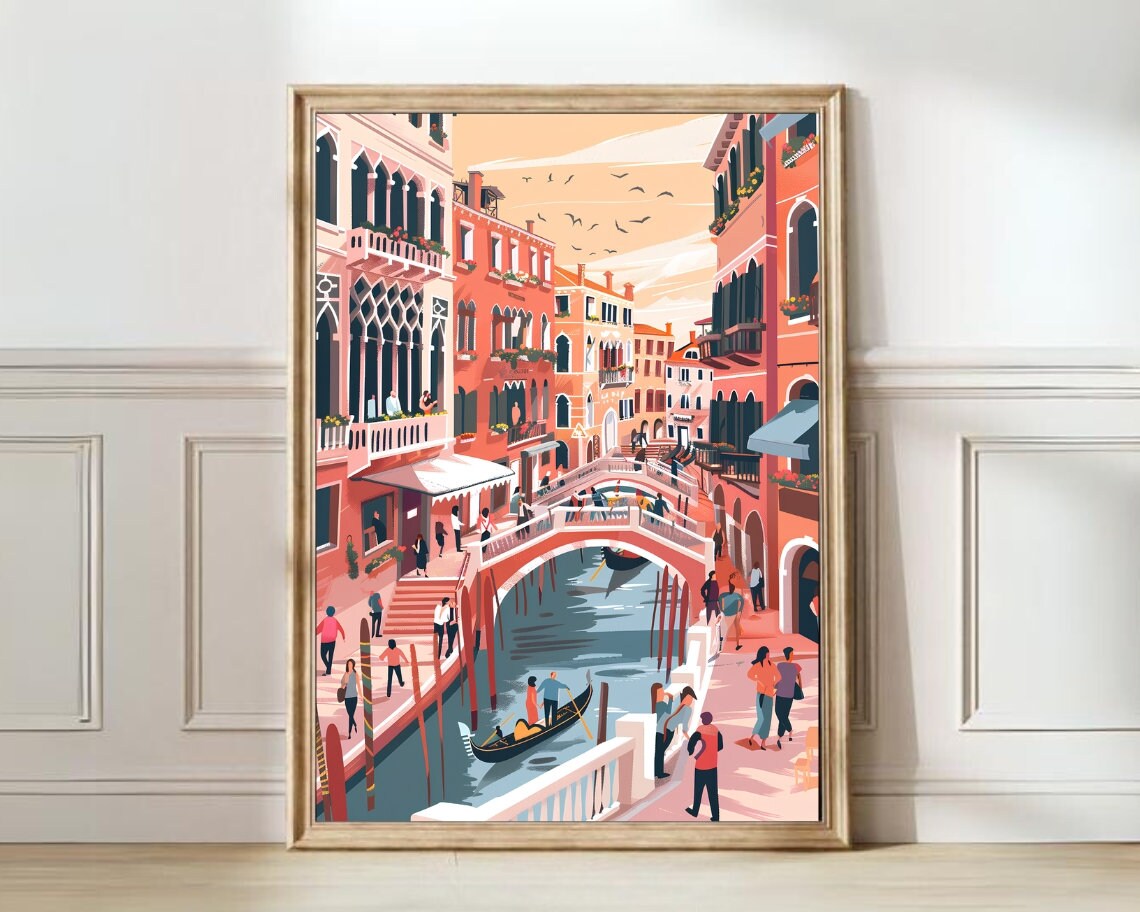 Venice Italy Grand Canal Bridge and Gondola Daytime Illustration Poster
