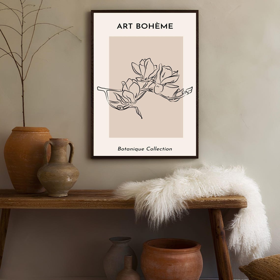 Art Boheme Botanical Poster with Delicate Magnolia Line Art on Beige - Image 3