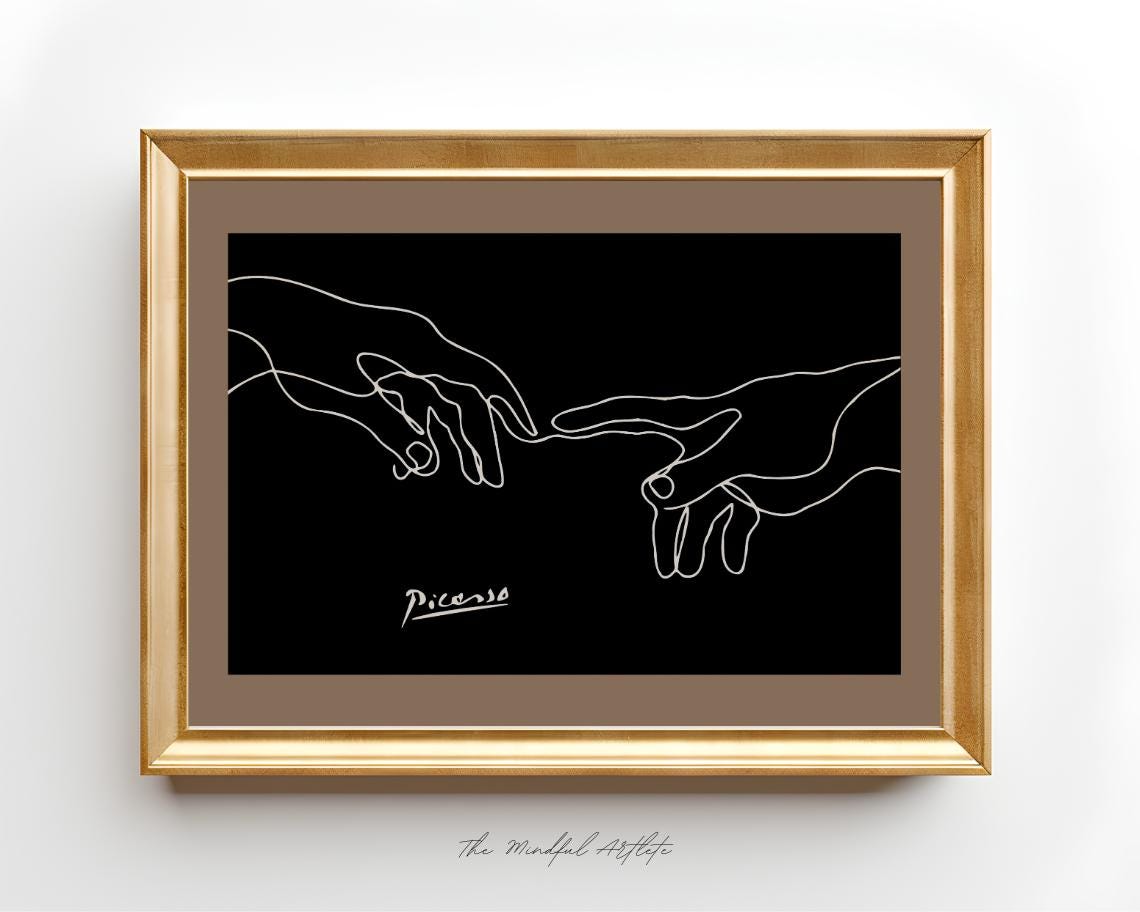 Picasso Style Touching Hands Poster with White Line Art on Black
