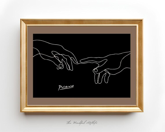 Picasso Style Touching Hands Poster with White Line Art on Black