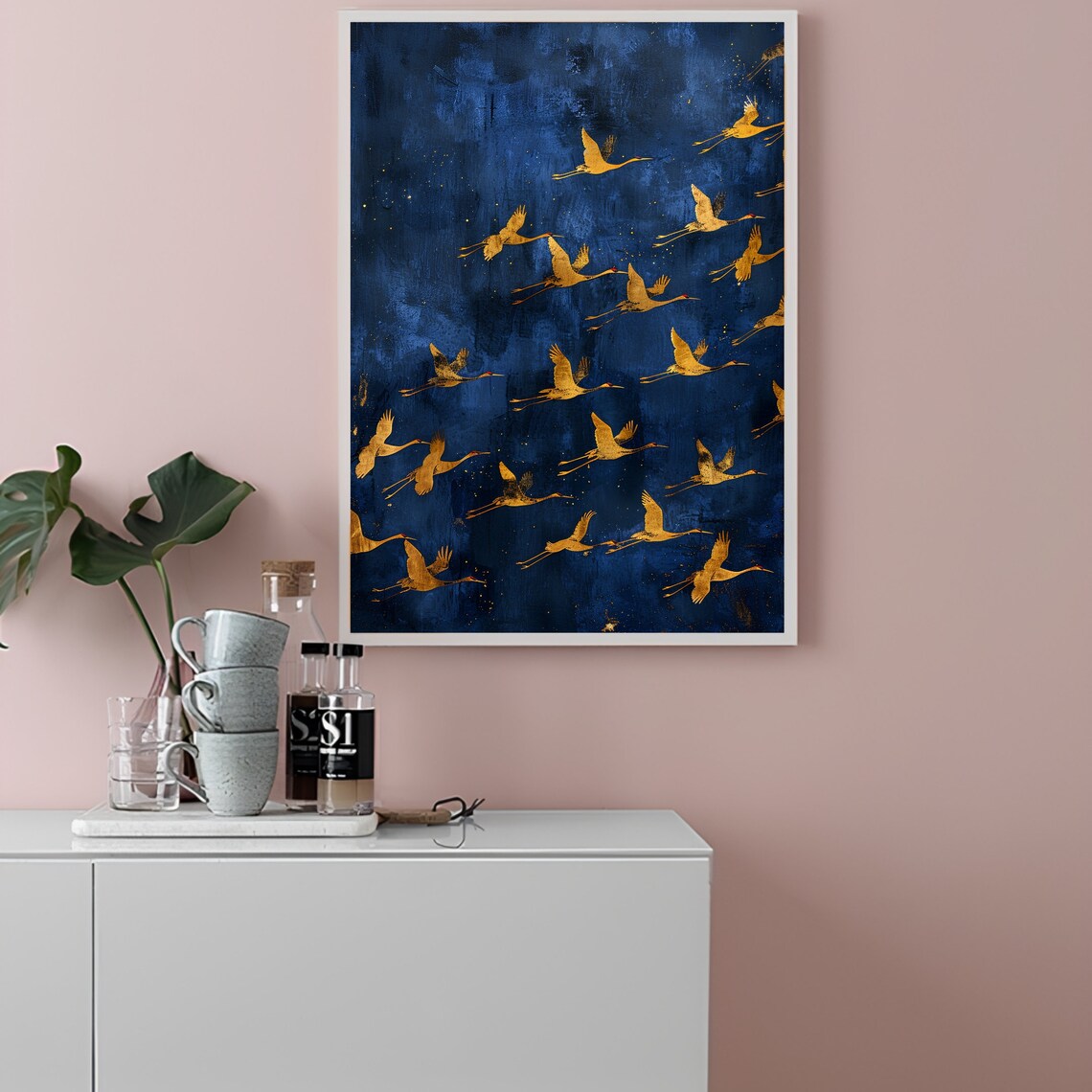 Golden Cranes Flying Indigo Night Sky Minimalist Bird Poster - Image 2
