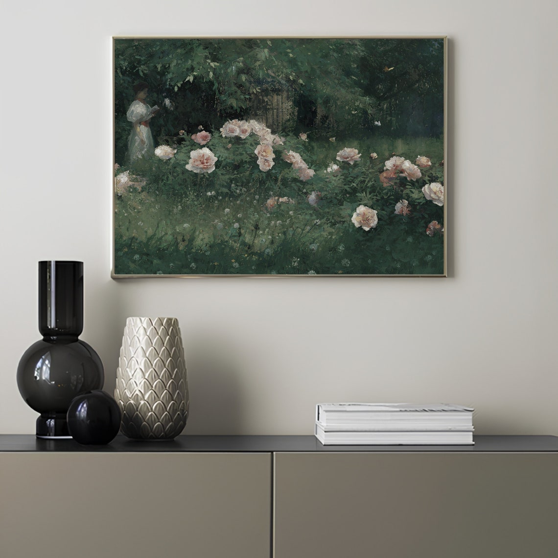 Vintage Flower Painting Vintage Landscape Painting Rose Garden Painting Meadow Painting Farmhouse Decor Rustic Country Art Print - Image 2