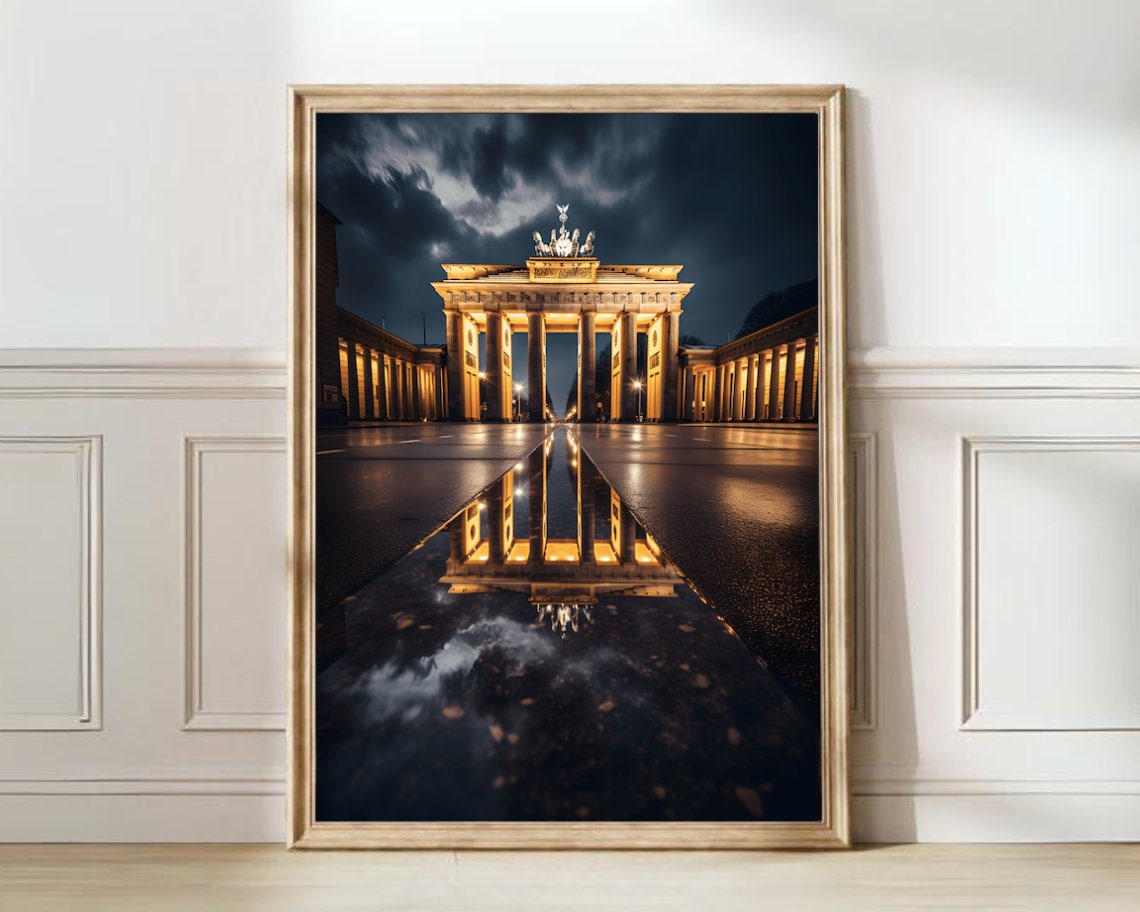 Berlin Brandenburg Gate Night Storm Wet Reflection City Poster