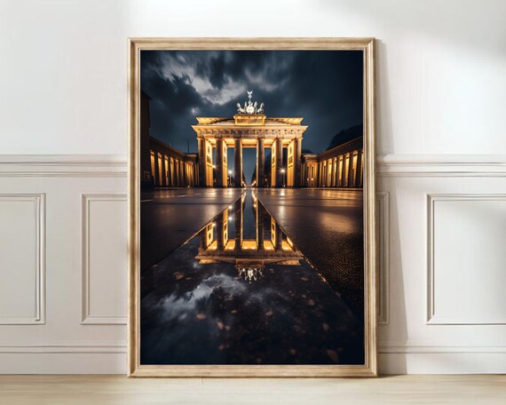 Berlin Brandenburg Gate Night Storm Wet Reflection City Poster