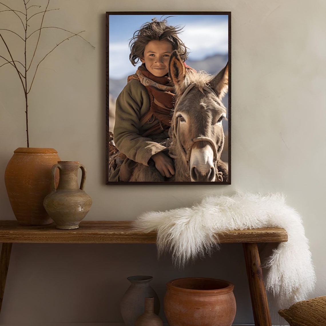 Afghan Nomad Girl with Donkey Warm Mountain Portrait Photography Poster - Image 2