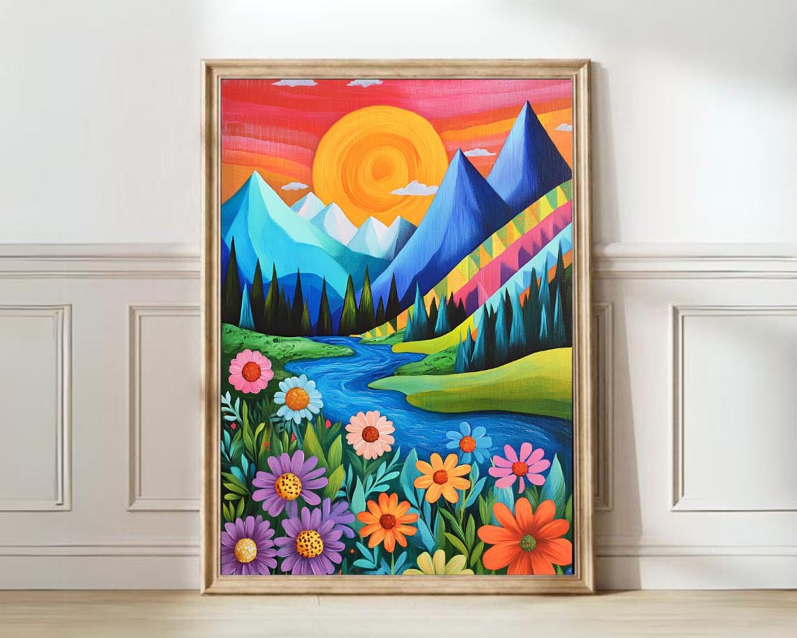 Vibrant Sun Mountain River Wildflower Colorful Landscape Poster