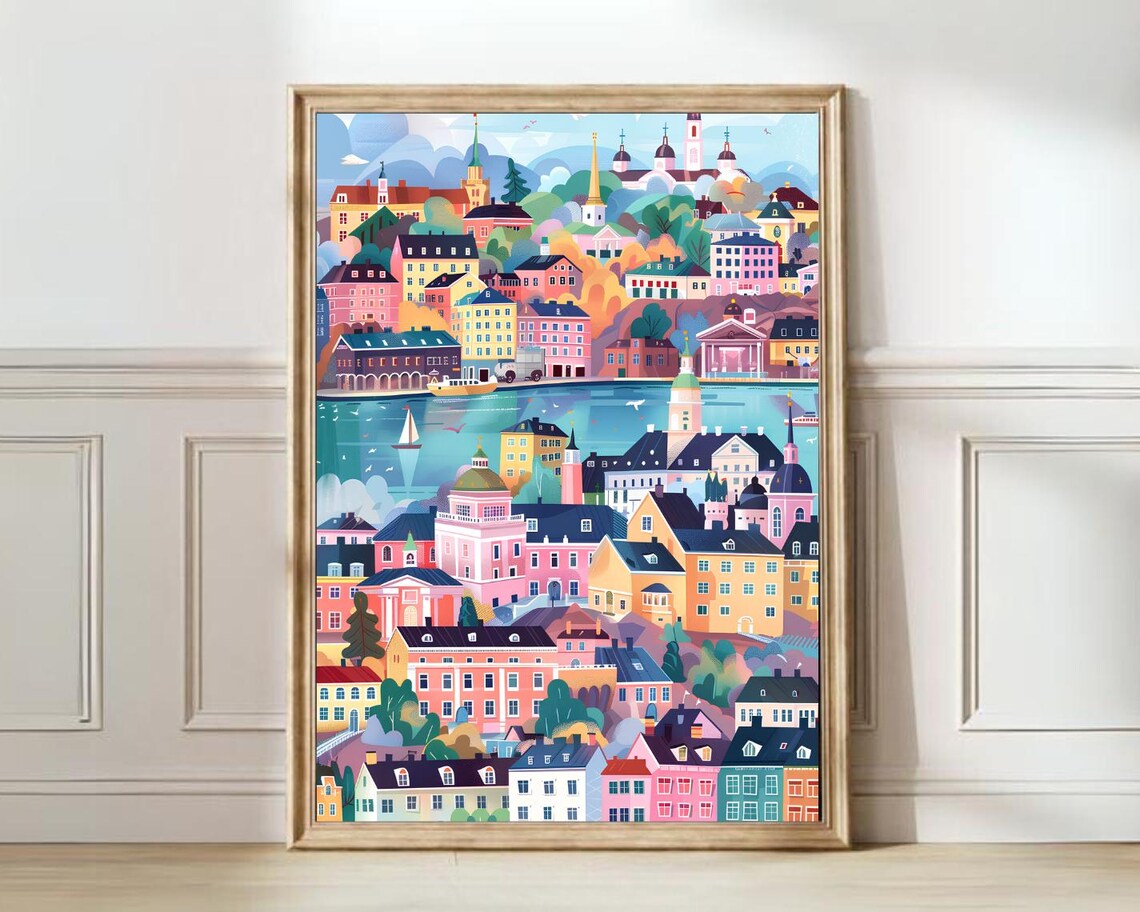 Helsinki Finland Harbor Cityscape Pastel Travel Scene Poster
