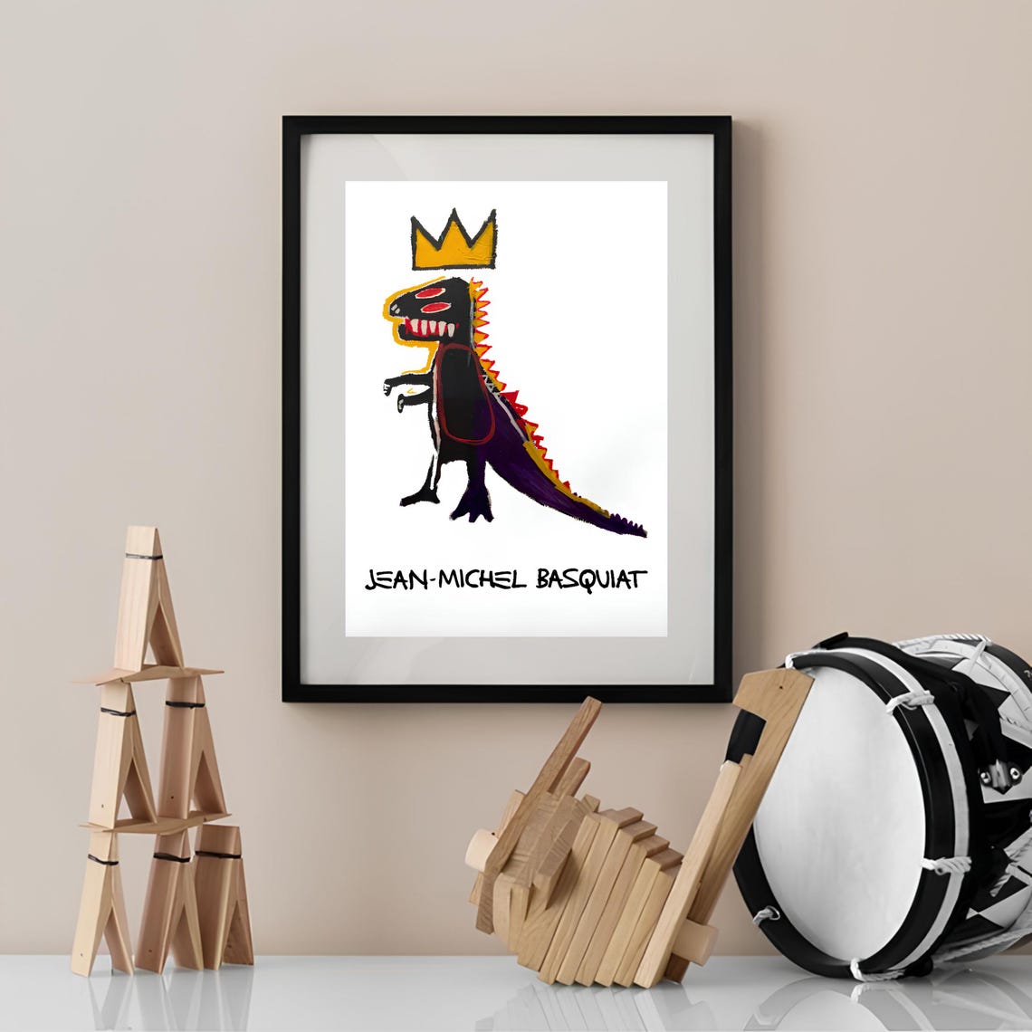 Jean-Michel Basquiat Crowned Dinosaur White Background Poster - Image 3