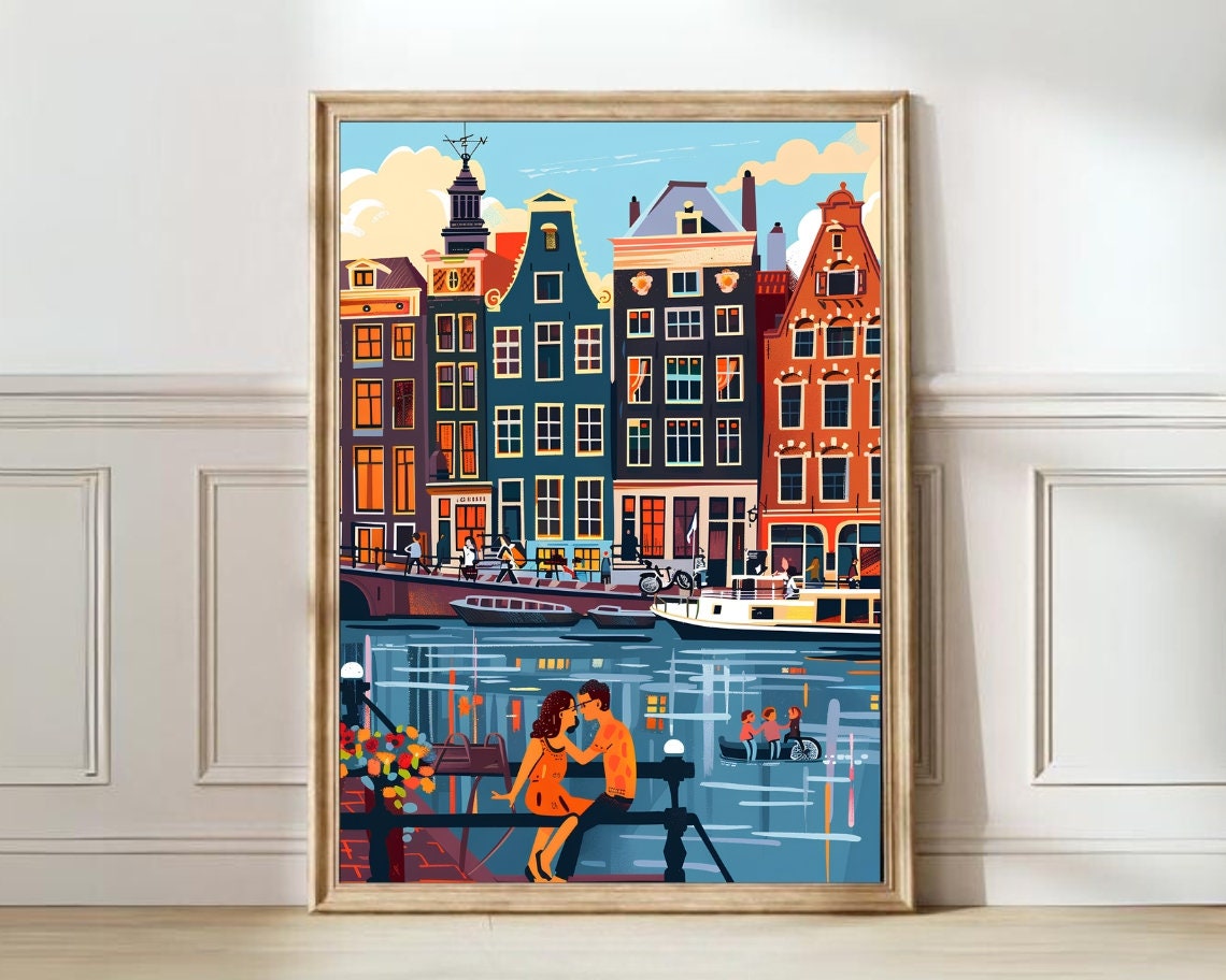 Amsterdam Netherlands Canal Houses at Dusk with Couple View Poster