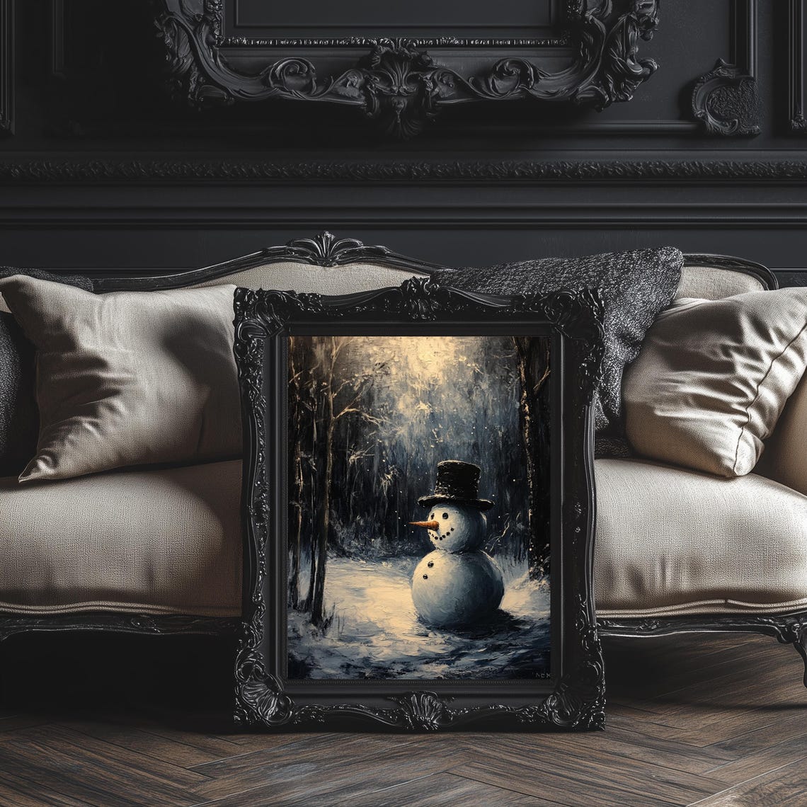 Charming Snowman With Top Hat In Snowy Night Forest Art Poster - Image 3