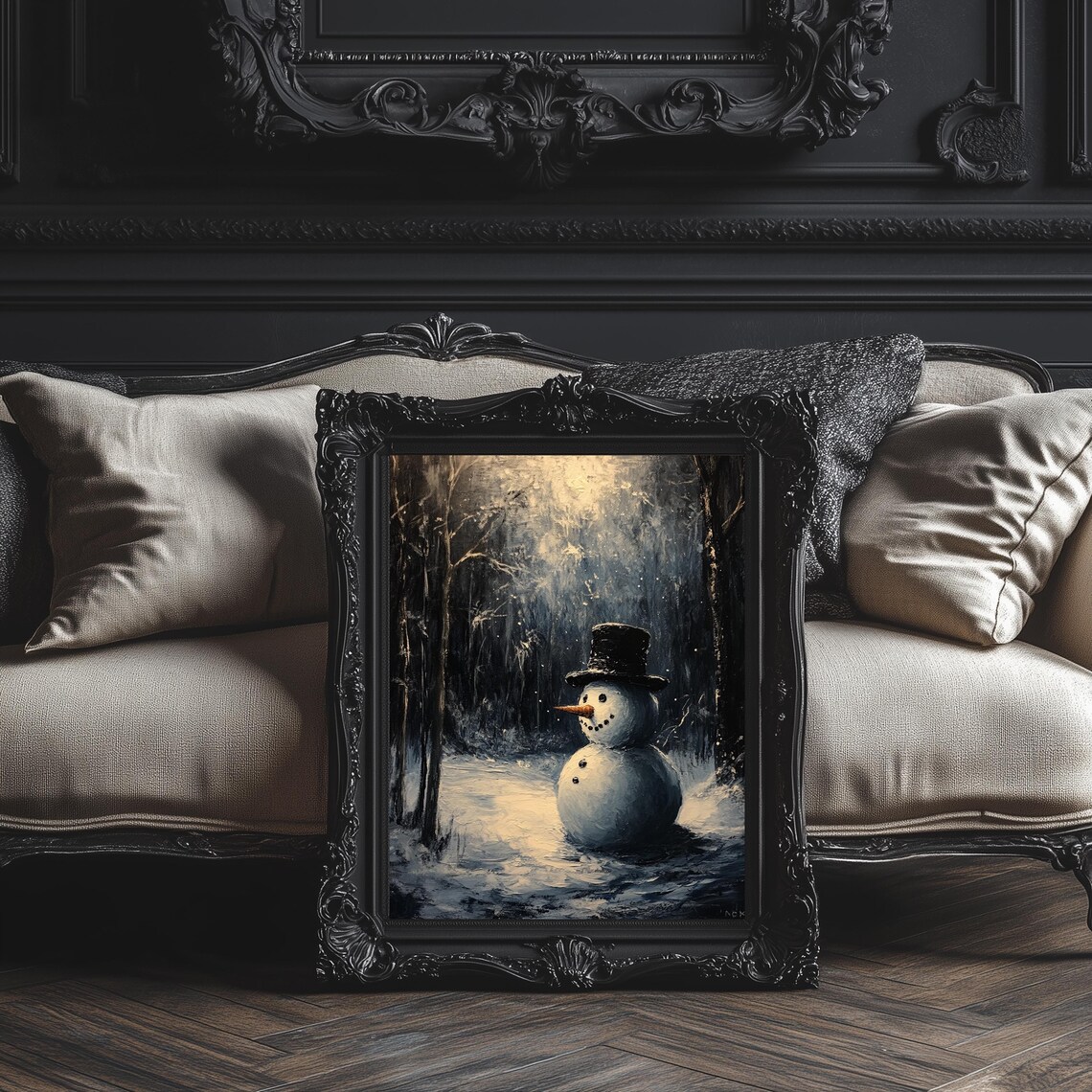 Snowman At Night Moody Christmas Wall Art Winter Decor Snowy Landscape Cottagecore Print - Image 3