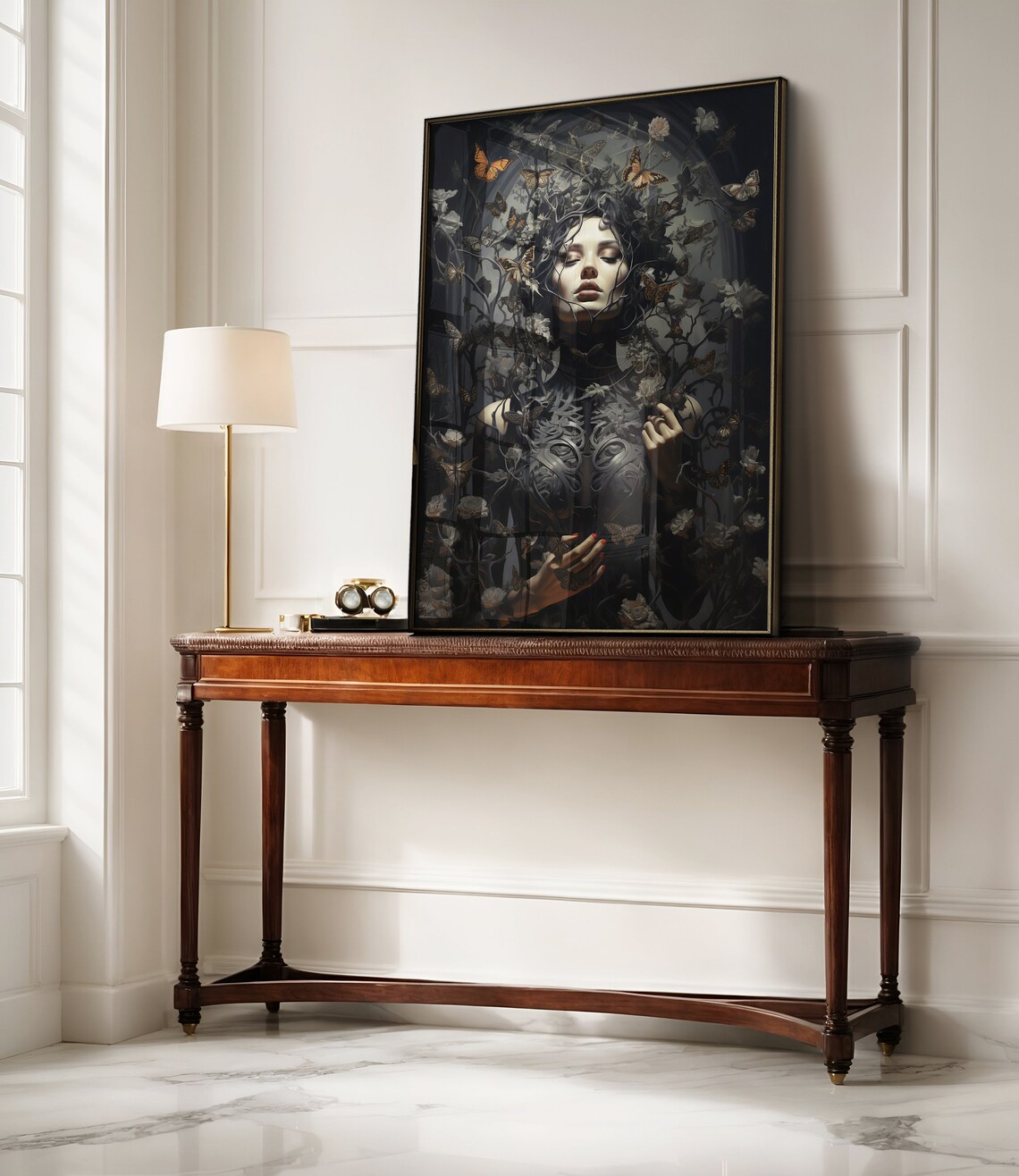Dark Gothic Woman Portrait Butterflies Lace Dress Victorian Print - Image 4