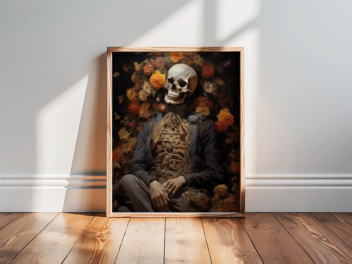 Floral Skeleton Portrait Halloween Goth Victorian Dark Academia Print - Image 2