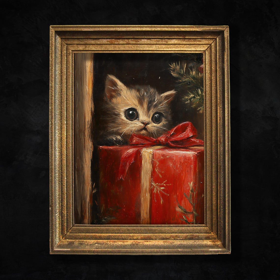 Kitten Peeking From Red Christmas Gift Box Cute Holiday Print