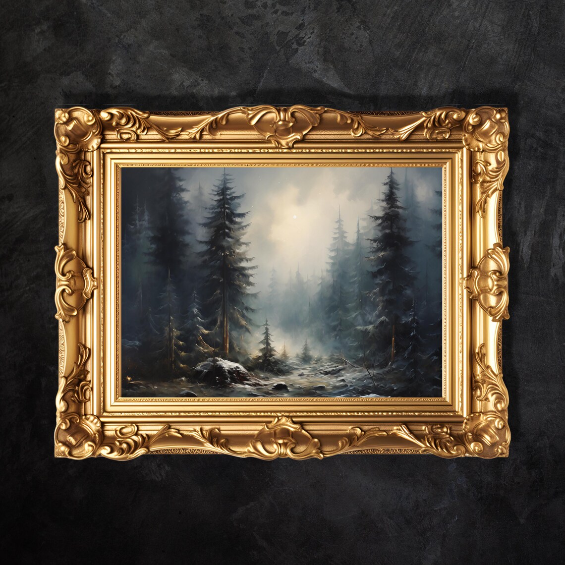 Misty Pine Forest Winter Landscape Foggy Evergreen Trees Print