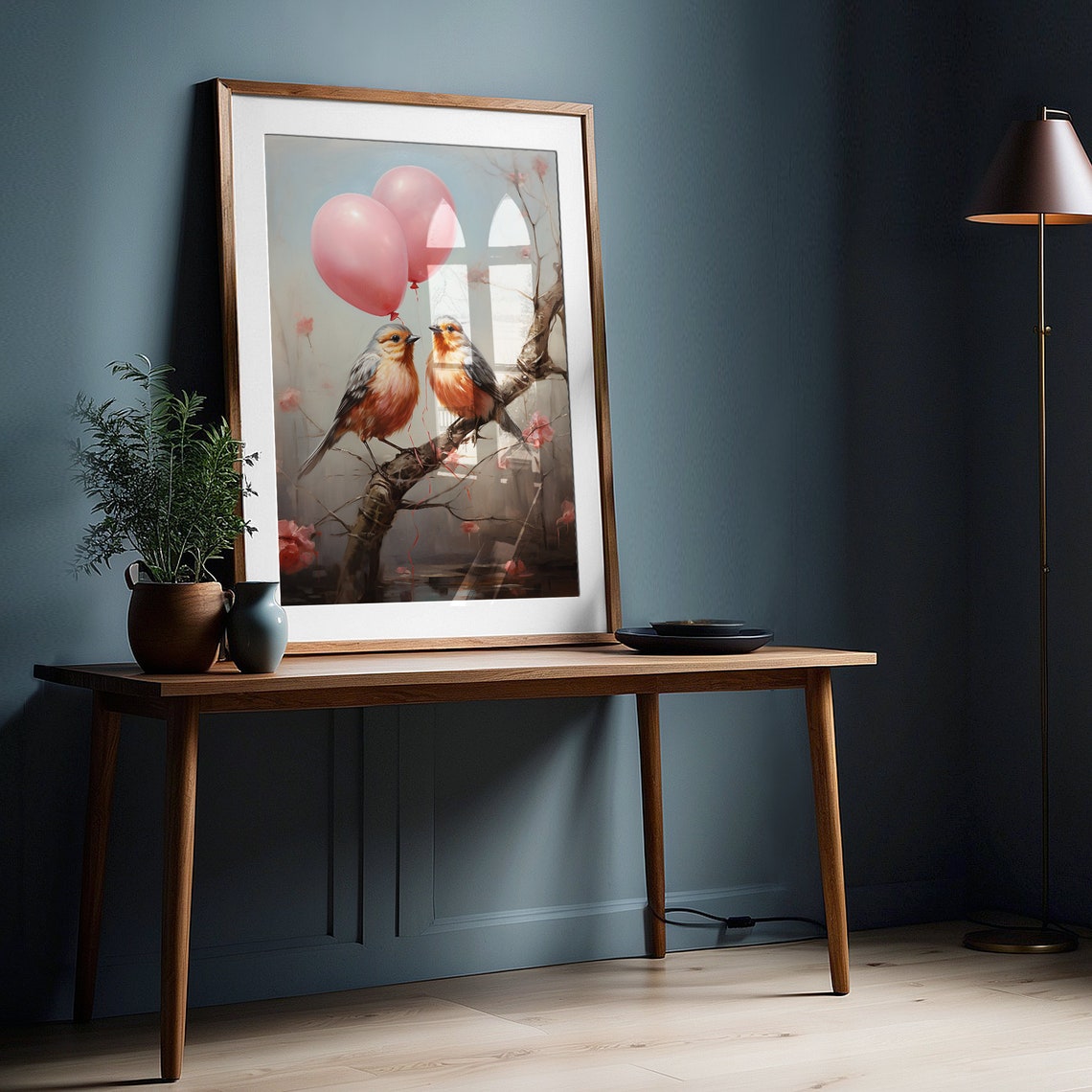 Two Lovebirds With Pink Balloons Branch Vintage Valentine Print - Image 4