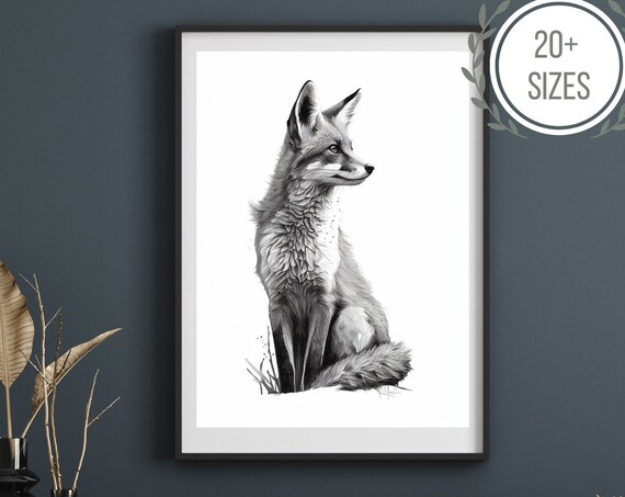 Black and White Fox Portrait Minimalist Woodland Animal Illustration Poster