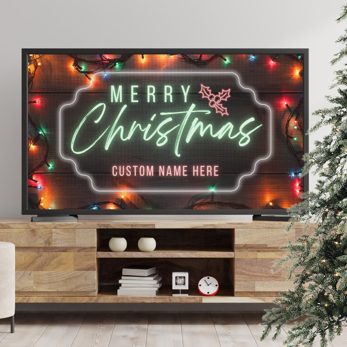 Merry Christmas Custom Family Name Neon Holiday TV Frame Poster - Image 4