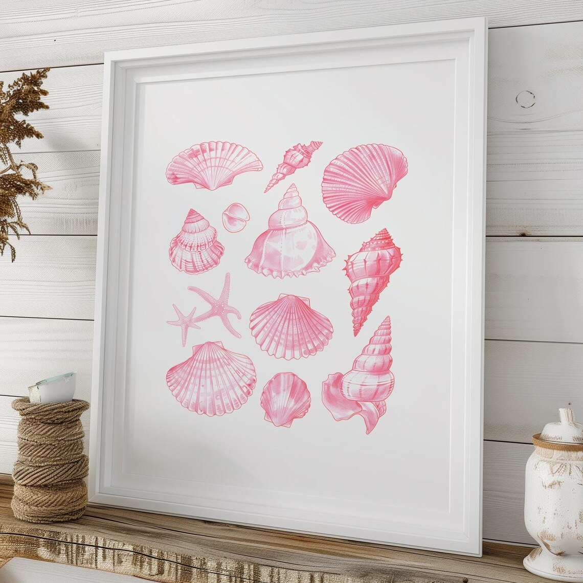 Pink Seashell Collage Coastal Poster Watercolor Conch Scallop Beach Decor