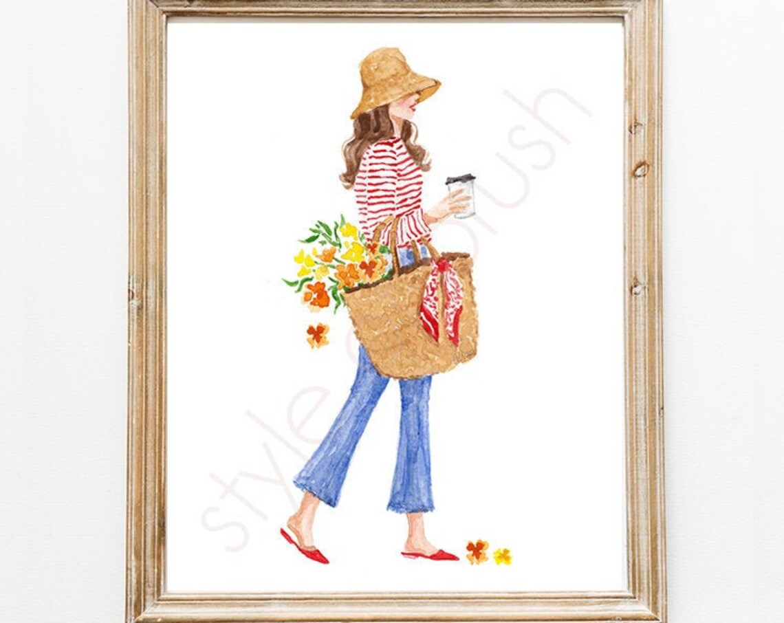 Woman in Red Striped Top with Straw Tote Flowers and Coffee Poster